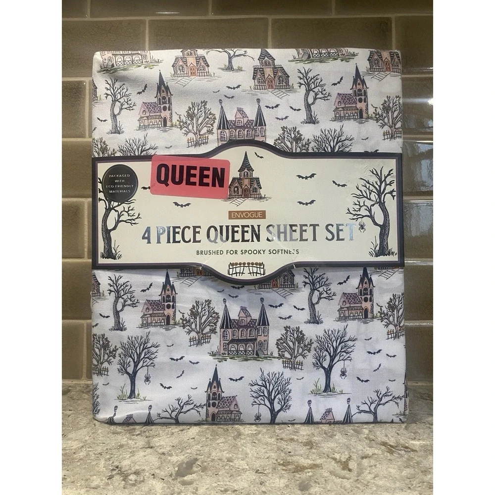 Envogue Queen Sheet Set Halloween Haunted House Spooky Ghosts Bat Spiders NWT